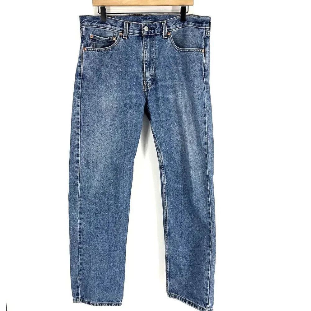 Levis 505 Jeans 36x32 Mens Faded Blue Distressed Denim Straight Leg Cotton